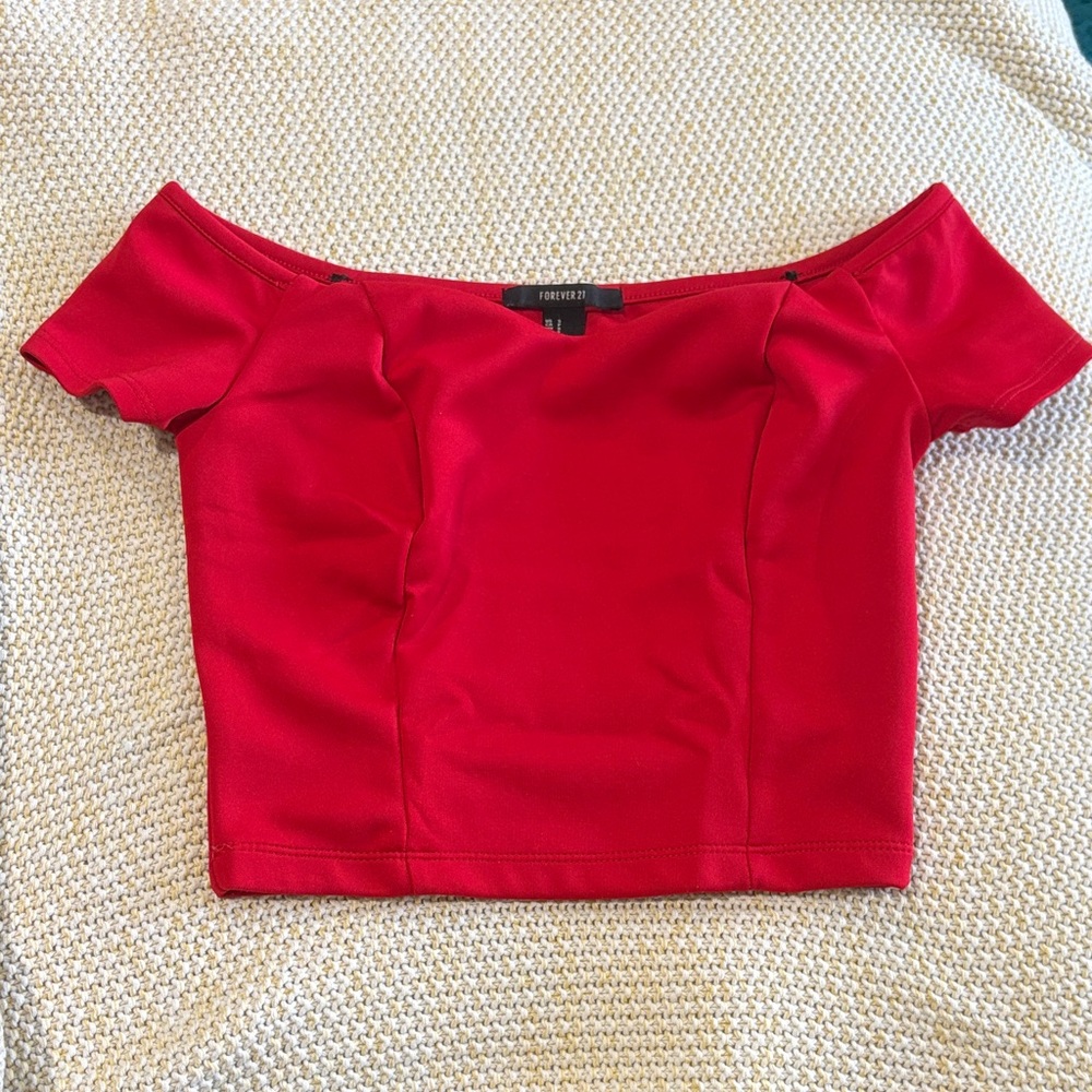 Forever 21 Red Off-Shoulder Crop Top Size S